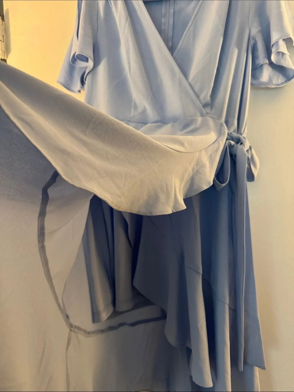 Blue Wrap-Front High-Low Dress with Ruffle Tie - Picture 2 of 8